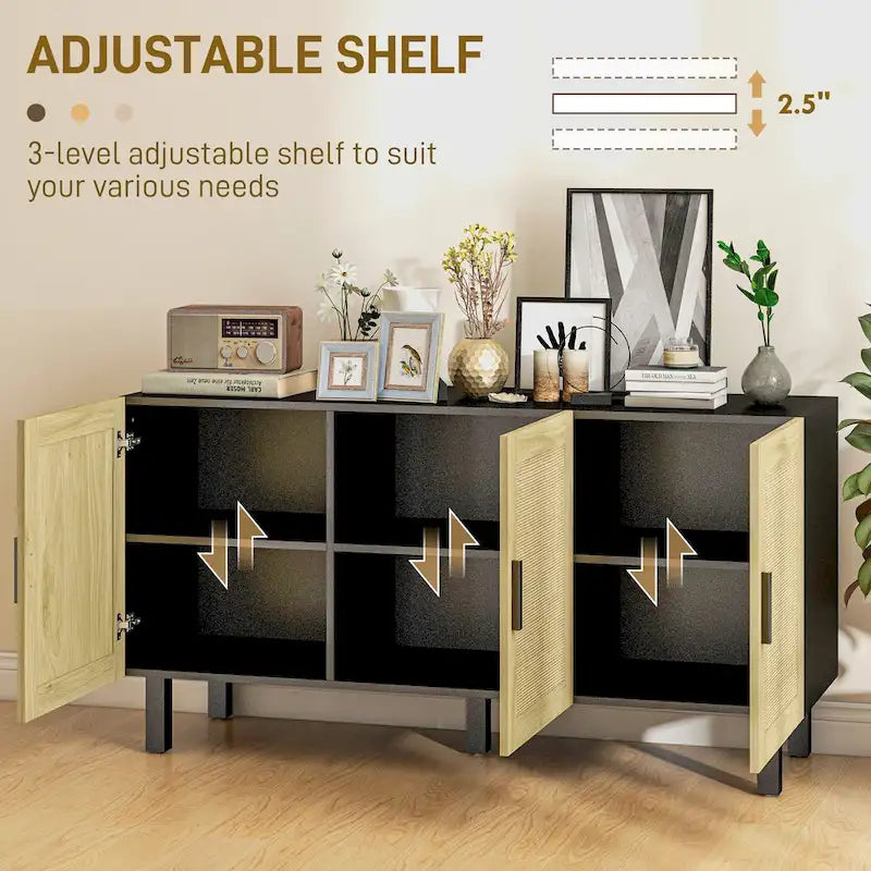 Sideboard Buffet Cabinet, Kitchen Cabinet, Coffee Bar Cabinet with 3 Rattan Doors and Adjustable Shelves, Black and Natural