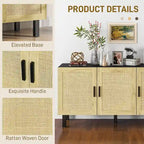 Sideboard Buffet Cabinet, Kitchen Cabinet, Coffee Bar Cabinet with 3 Rattan Doors and Adjustable Shelves, Black and Natural
