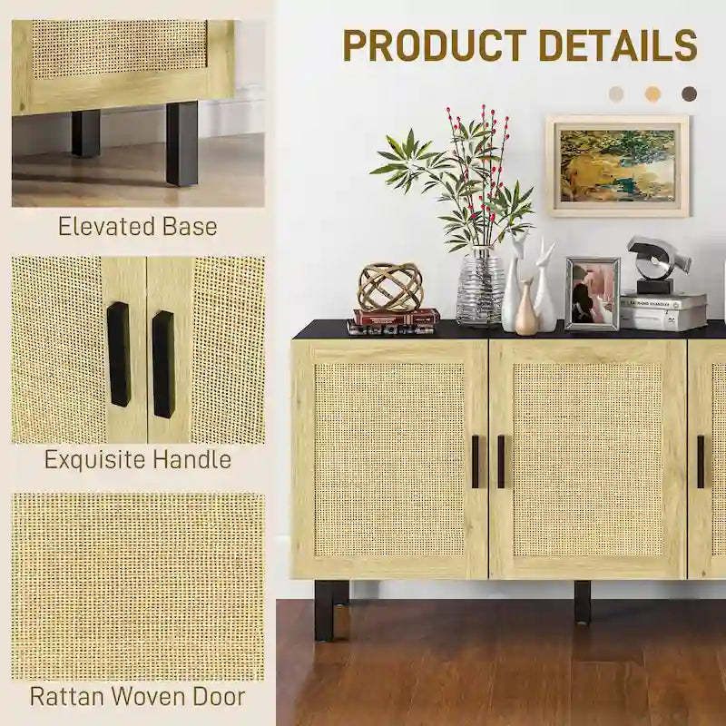 Sideboard Buffet Cabinet, Kitchen Cabinet, Coffee Bar Cabinet with 3 Rattan Doors and Adjustable Shelves, Black and Natural