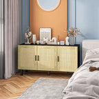 Sideboard Buffet Cabinet, Kitchen Cabinet, Coffee Bar Cabinet with 3 Rattan Doors and Adjustable Shelves, Black and Natural