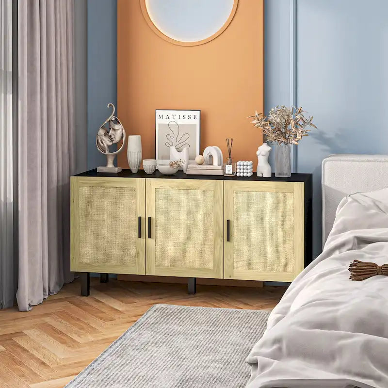 Sideboard Buffet Cabinet, Kitchen Cabinet, Coffee Bar Cabinet with 3 Rattan Doors and Adjustable Shelves, Black and Natural