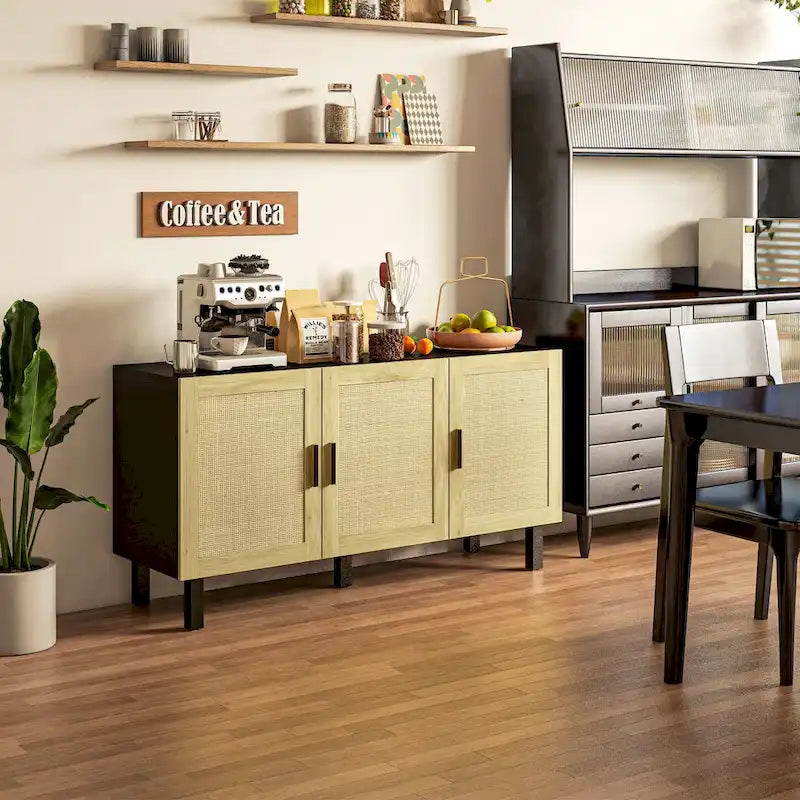 Sideboard Buffet Cabinet, Kitchen Cabinet, Coffee Bar Cabinet with 3 Rattan Doors and Adjustable Shelves, Black and Natural