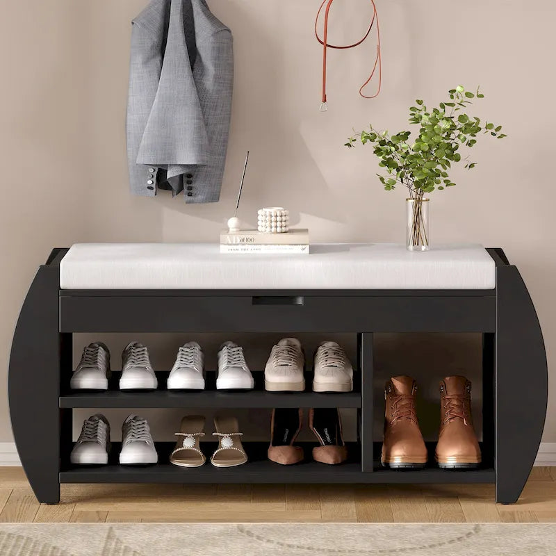 Retro Multifunctional Storage Bench with Cushion and Curved Side Panel for Entrance and Living room