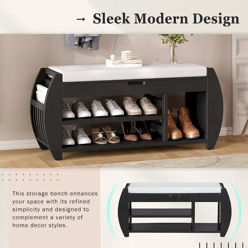 Retro Multifunctional Storage Bench with Cushion and Curved Side Panel for Entrance and Living room