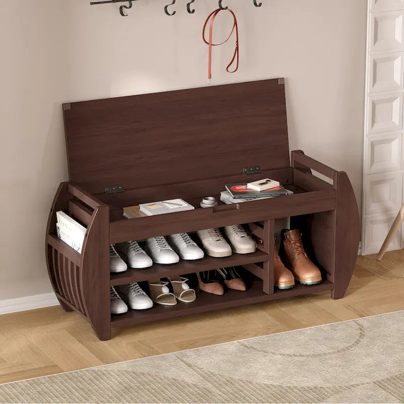 Retro Multifunctional Storage Bench with Cushion and Curved Side Panel for Entrance and Living room