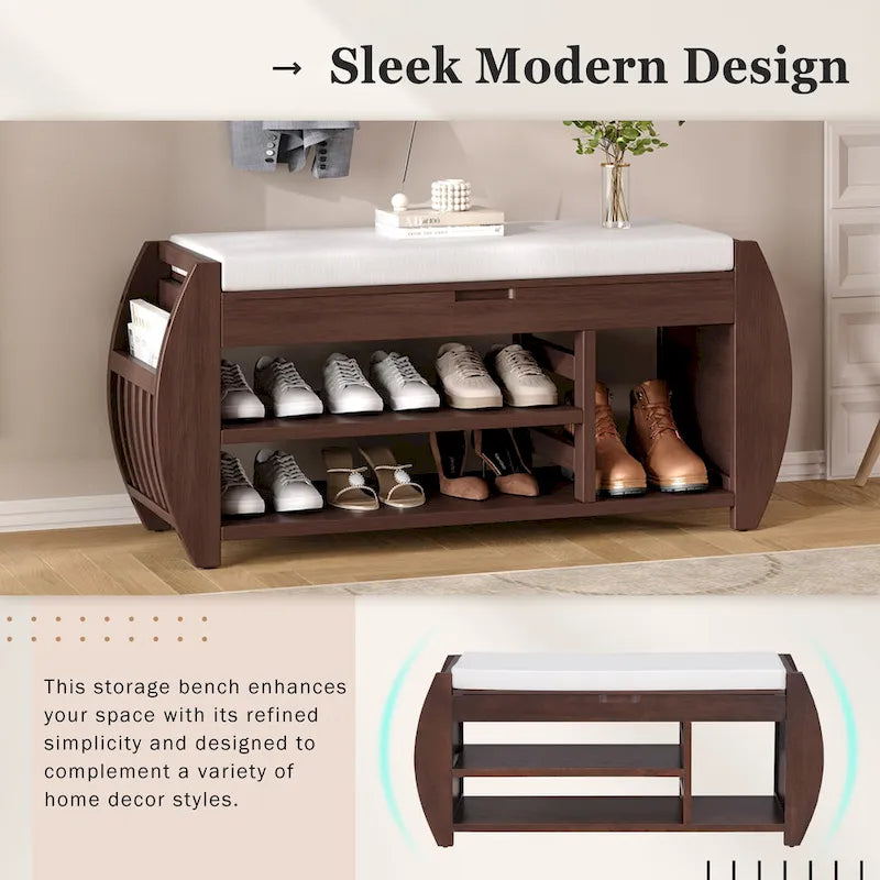 Retro Multifunctional Storage Bench with Cushion and Curved Side Panel for Entrance and Living room