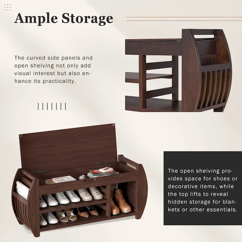 Retro Multifunctional Storage Bench with Cushion and Curved Side Panel for Entrance and Living room