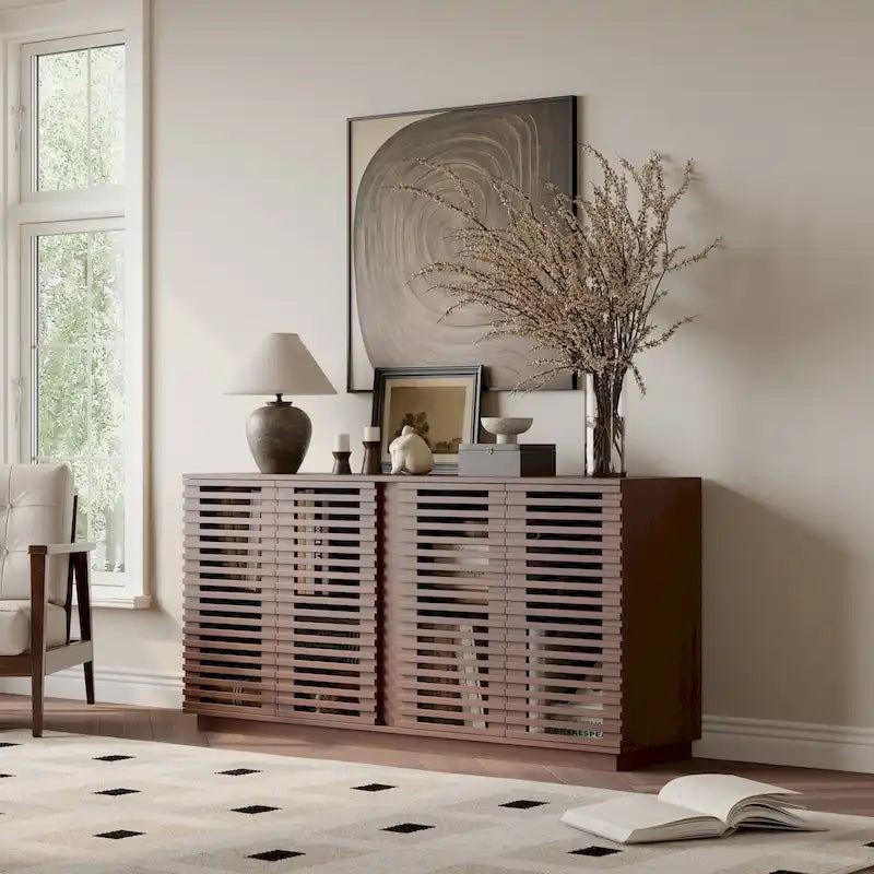 Slatted Door Storage Cabinet – Rosewood Oak, 59.92"W x 15.75"D x 29.53"H