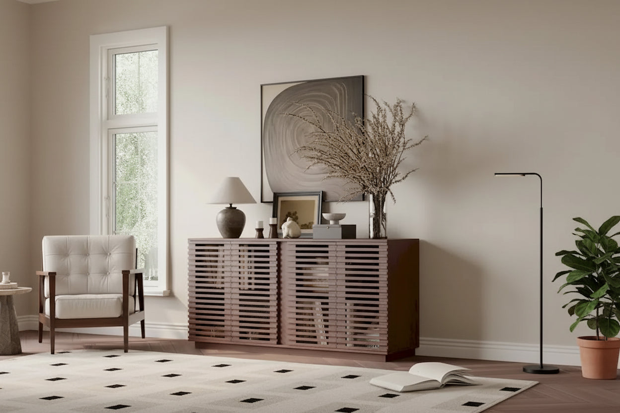 Hollow Cabinet Door Large Storage Cabinet For Living Room,Dining Room,Bedroom,Hall,Rosewood Oak,59.92W X 15.75D X 29.53H