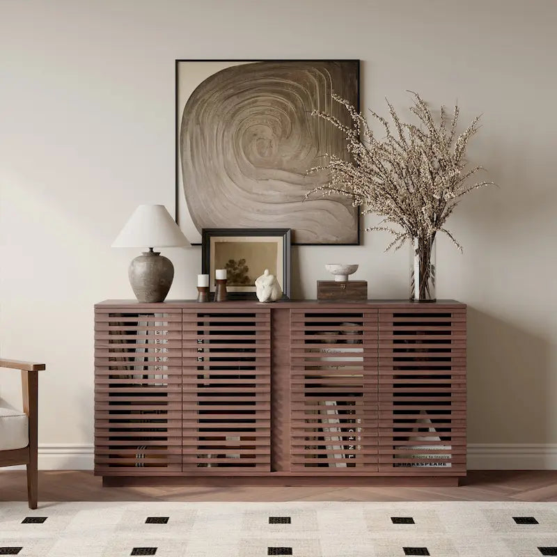 Slatted Door Storage Cabinet – Rosewood Oak, 59.92"W x 15.75"D x 29.53"H