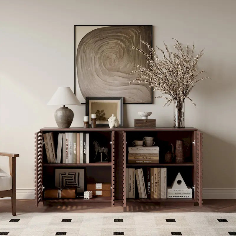 Slatted Door Storage Cabinet – Rosewood Oak, 59.92"W x 15.75"D x 29.53"H