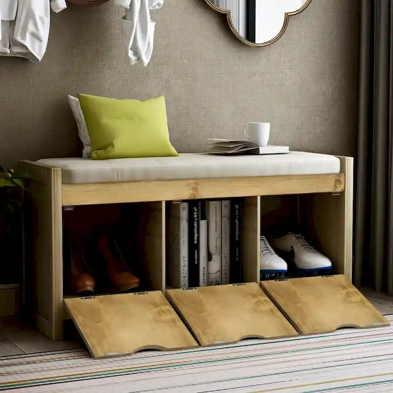 Storage Bench with Removale Cushion and 3 Flip Lock Storage
