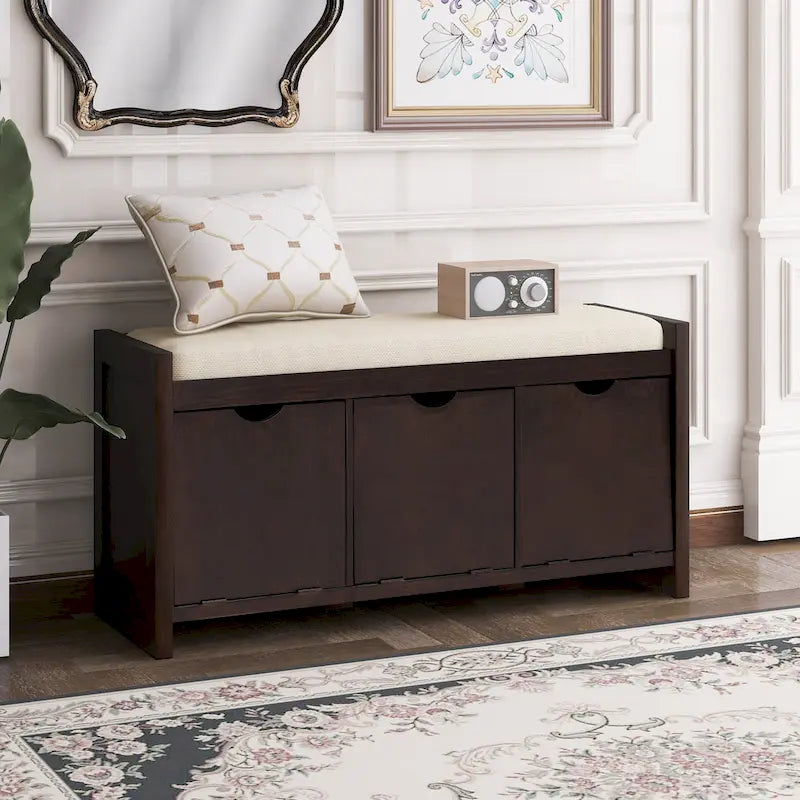 Storage Bench with Removale Cushion and 3 Flip Lock Storage