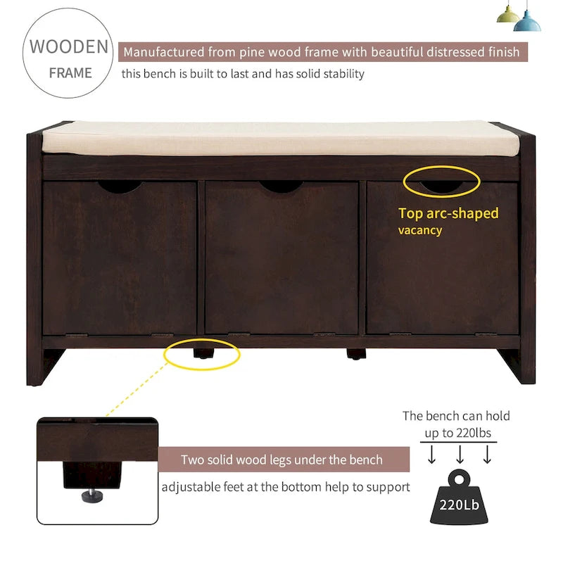 Storage Bench with Removale Cushion and 3 Flip Lock Storage