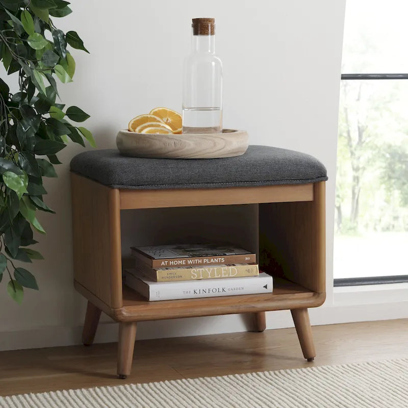 Black/Grey & Natural Open Shelf Bench with Cushion, Single Seat, 20"W x 15"D x 18"H