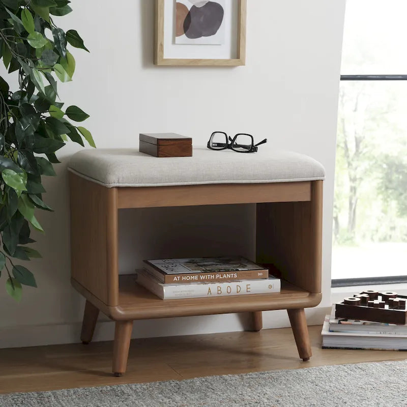 Black/Grey & Natural Open Shelf Bench with Cushion, Single Seat, 20"W x 15"D x 18"H