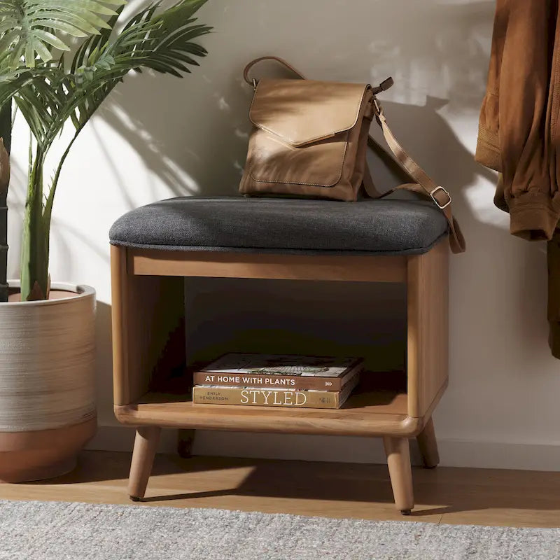 Black/Grey & Natural Open Shelf Bench with Cushion, Single Seat, 20"W x 15"D x 18"H