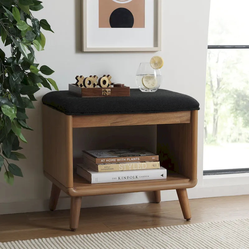 Black/Grey & Natural Open Shelf Bench with Cushion, Single Seat, 20"W x 15"D x 18"H