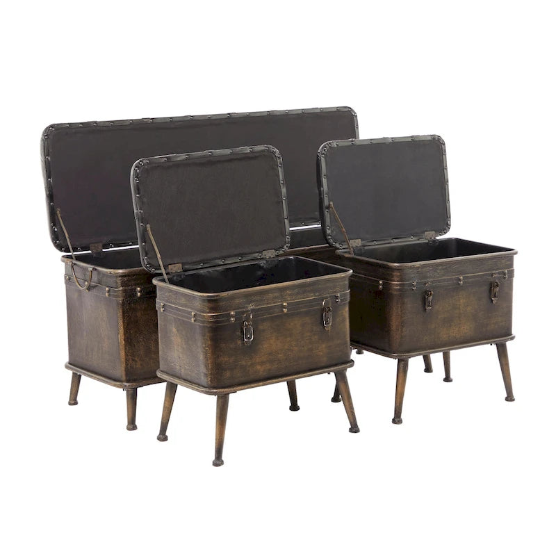 Metal Weathered Storage Bench with Black Tufted Faux Leather - Set of 3 Brown - Roche River Decor - 16W x 48L x 21H