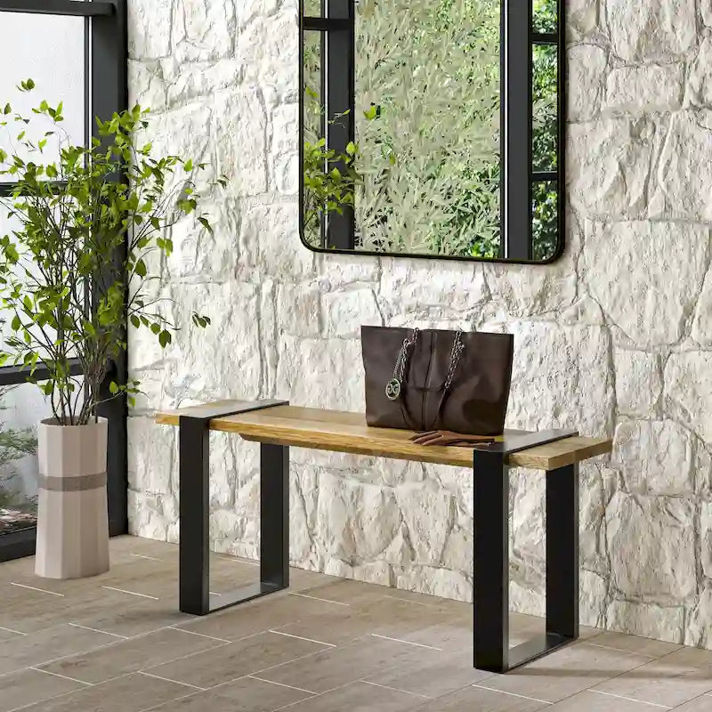 Natural Solid Wood 42" Industrial Bench, Black Metal Legs, 1–2 Person