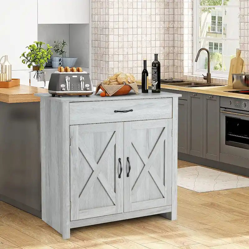 Grey/White Industrial Sideboard Cabinet with Drawer – Wood & Metal, 1-Person