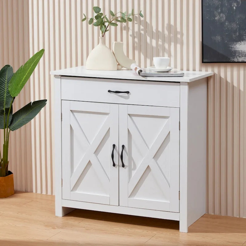 Grey/White Industrial Sideboard Cabinet with Drawer – Wood & Metal, 1-Person