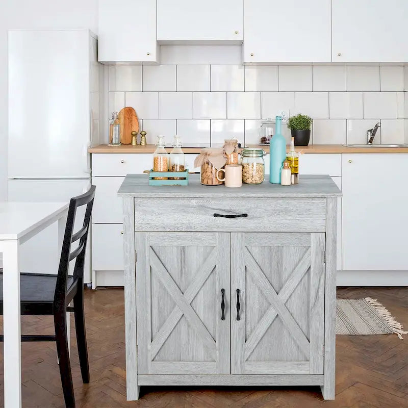 Grey/White Industrial Sideboard Cabinet with Drawer – Wood & Metal, 1-Person