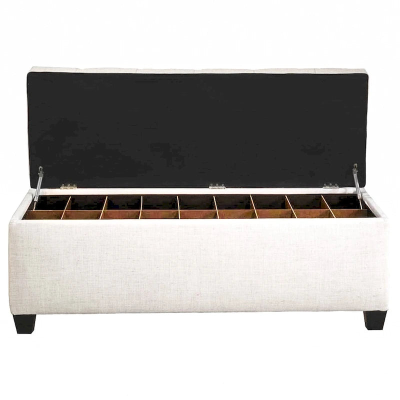 Off-White Diamond-Tufted Shoe Storage Bench, Espresso Legs, 14–18 Slots, 1-Person Seat