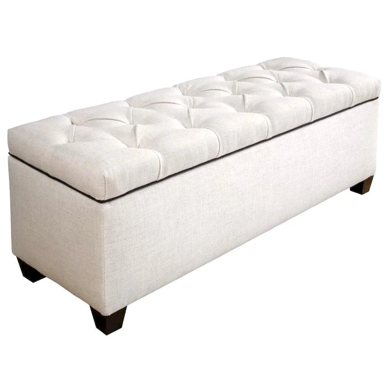 Off-White Diamond-Tufted Shoe Storage Bench, Espresso Legs, 14–18 Slots, 1-Person Seat