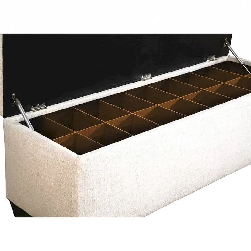 Off-White Diamond-Tufted Shoe Storage Bench, Espresso Legs, 14–18 Slots, 1-Person Seat