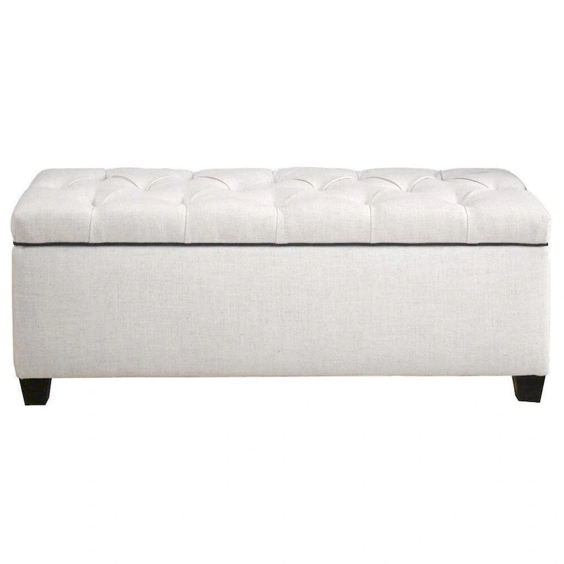Off-White Diamond-Tufted Shoe Storage Bench, Espresso Legs, 14–18 Slots, 1-Person Seat