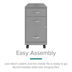 Silver 3-Drawer Mobile Metal File Cabinet, Letter Size