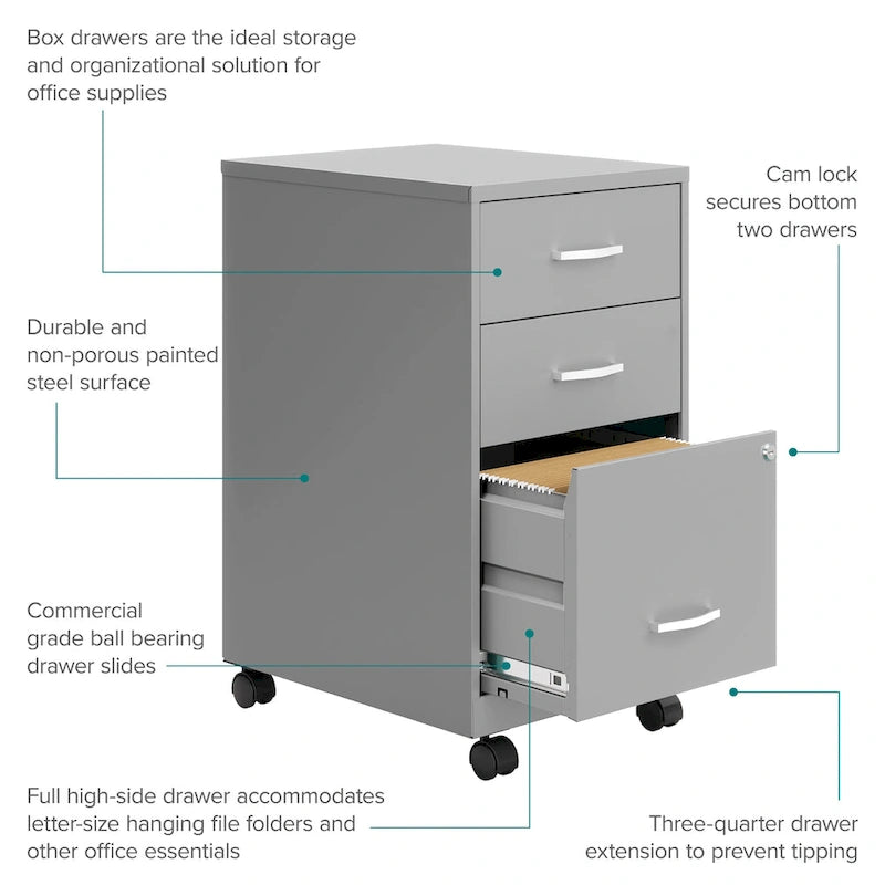 Silver 3-Drawer Mobile Metal File Cabinet, Letter Size