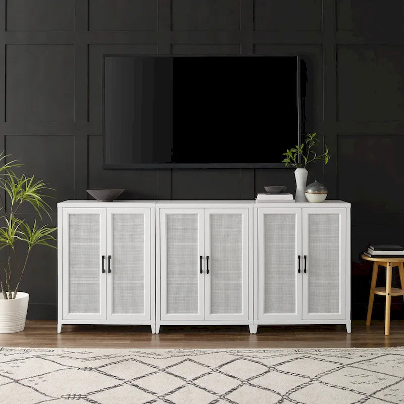 White 3-Piece Media Storage Cabinet Set with Rattan Mesh Doors