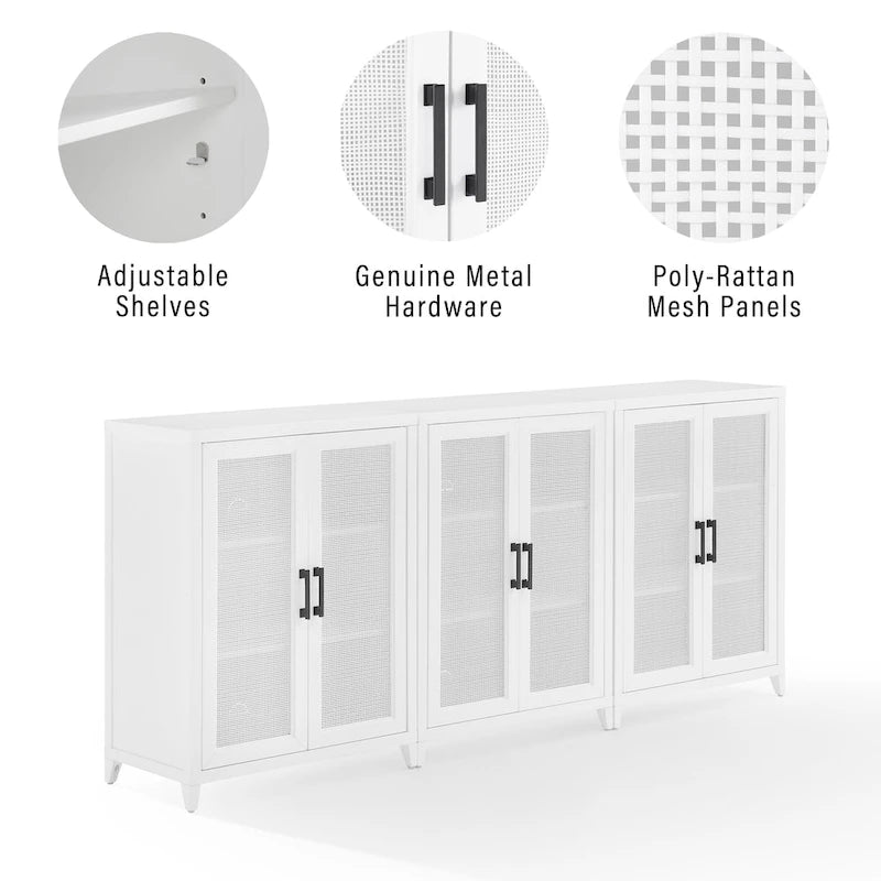 White 3-Piece Media Storage Cabinet Set with Rattan Mesh Doors