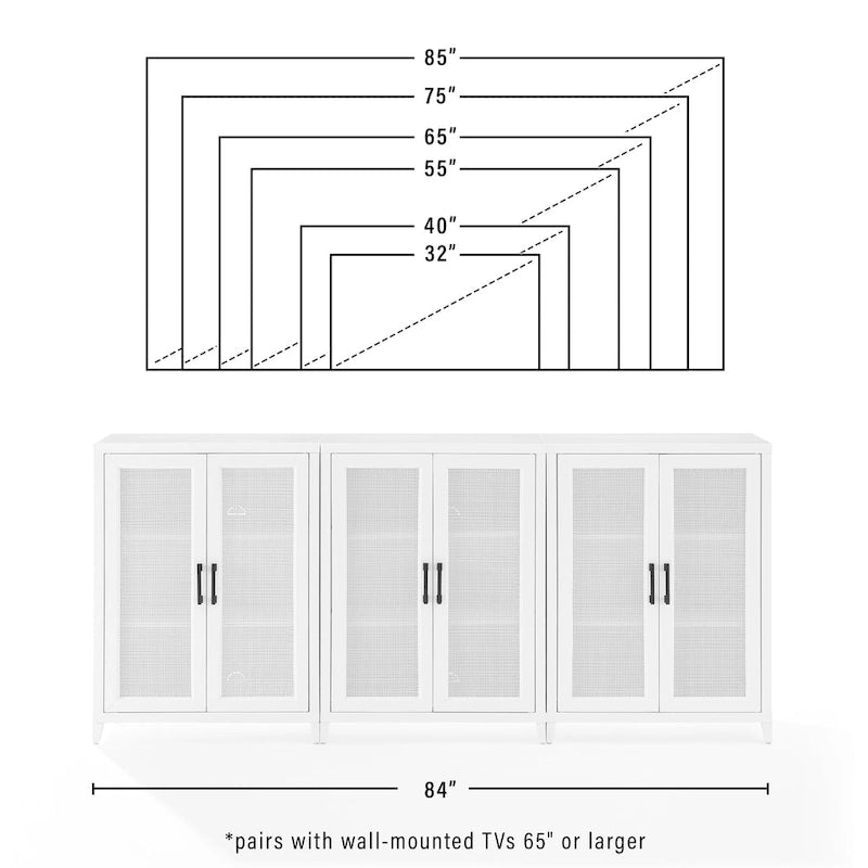 White 3-Piece Media Storage Cabinet Set with Rattan Mesh Doors