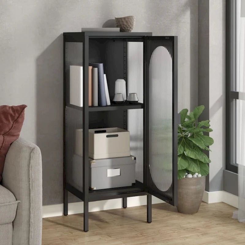 Black Fluted Glass & Steel Sideboard, Single, 15.7x13.8x41.3"