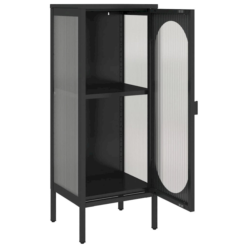 Black Fluted Glass & Steel Sideboard, Single, 15.7x13.8x41.3"