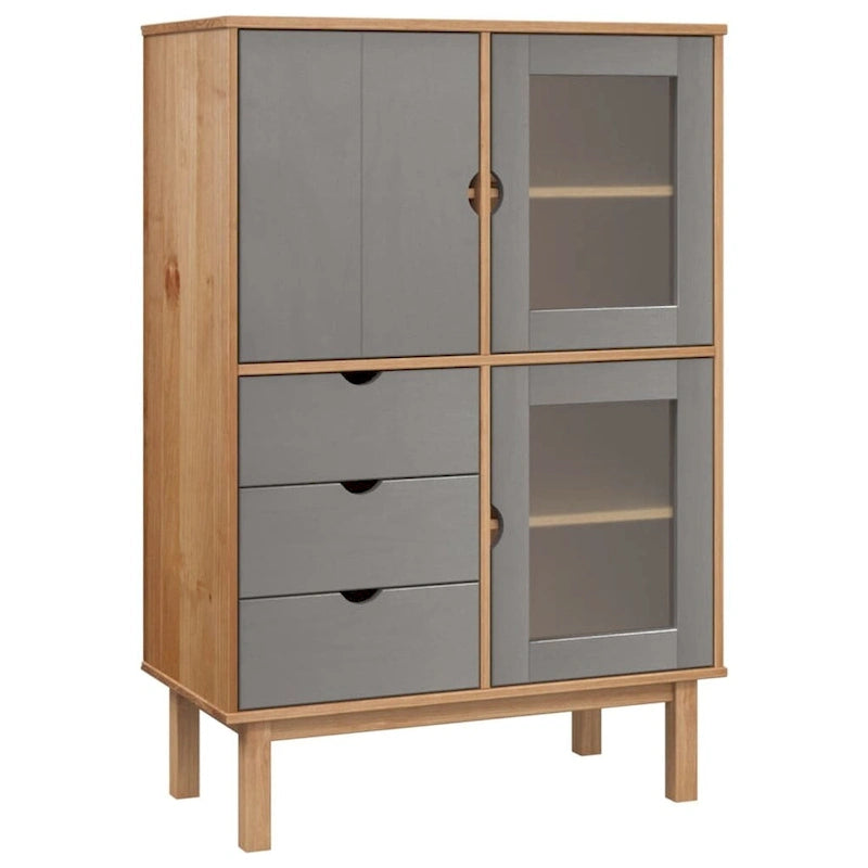 Grey Rustic Highboard with 3 Drawers & 3 Doors – Solid Pine, 33.5x16.9x49.2"