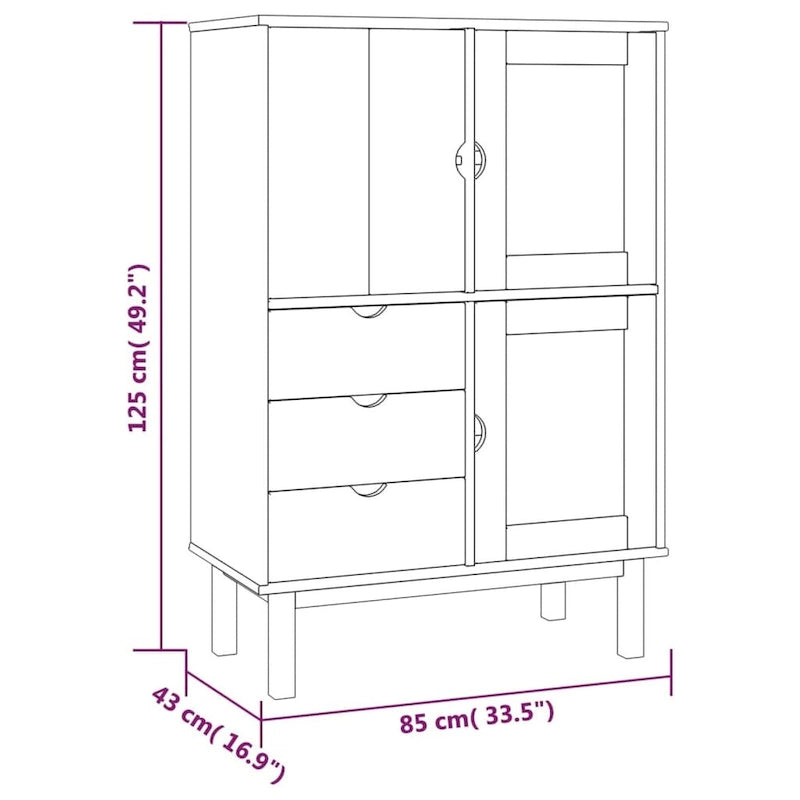 Grey Rustic Highboard with 3 Drawers & 3 Doors – Solid Pine, 33.5x16.9x49.2"
