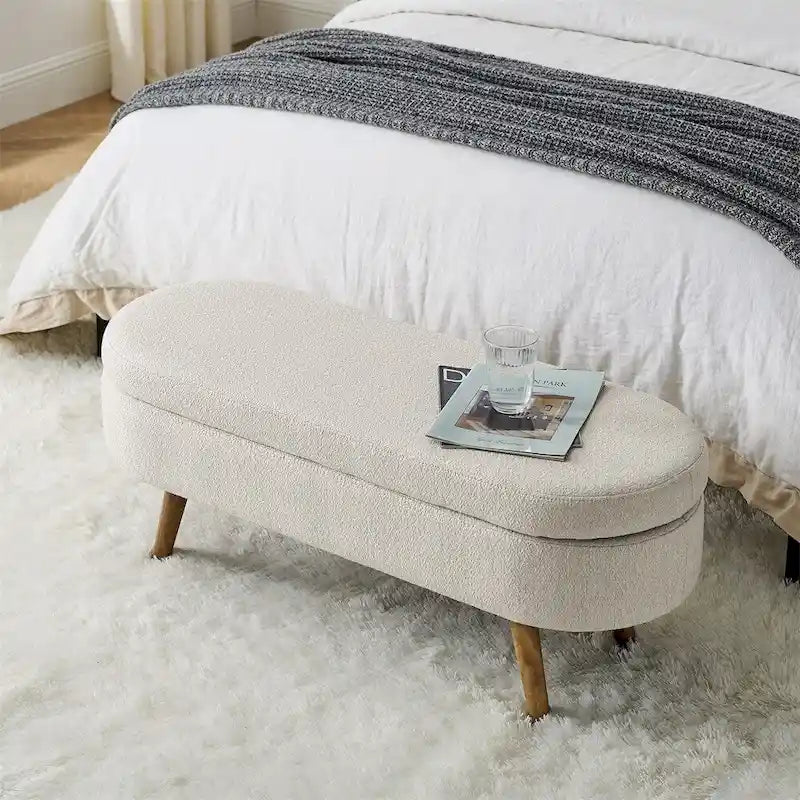 Bed Stool Oval Storage Bench, Rubber Wood Legs - Beige