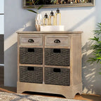 Rustic Storage Cabinet with Two Drawers and Four Classic Rattan Basket for Dining Room/Living Room