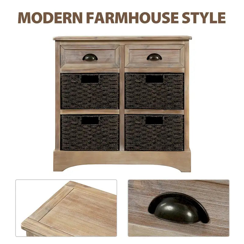 Rustic Storage Cabinet with Two Drawers and Four Classic Rattan Basket for Dining Room/Living Room