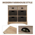 Rustic Storage Cabinet with Two Drawers and Four Classic Rattan Basket for Dining Room/Living Room