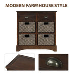 Rustic Storage Cabinet with Two Drawers and Four Classic Rattan Basket for Dining Room/Living Room