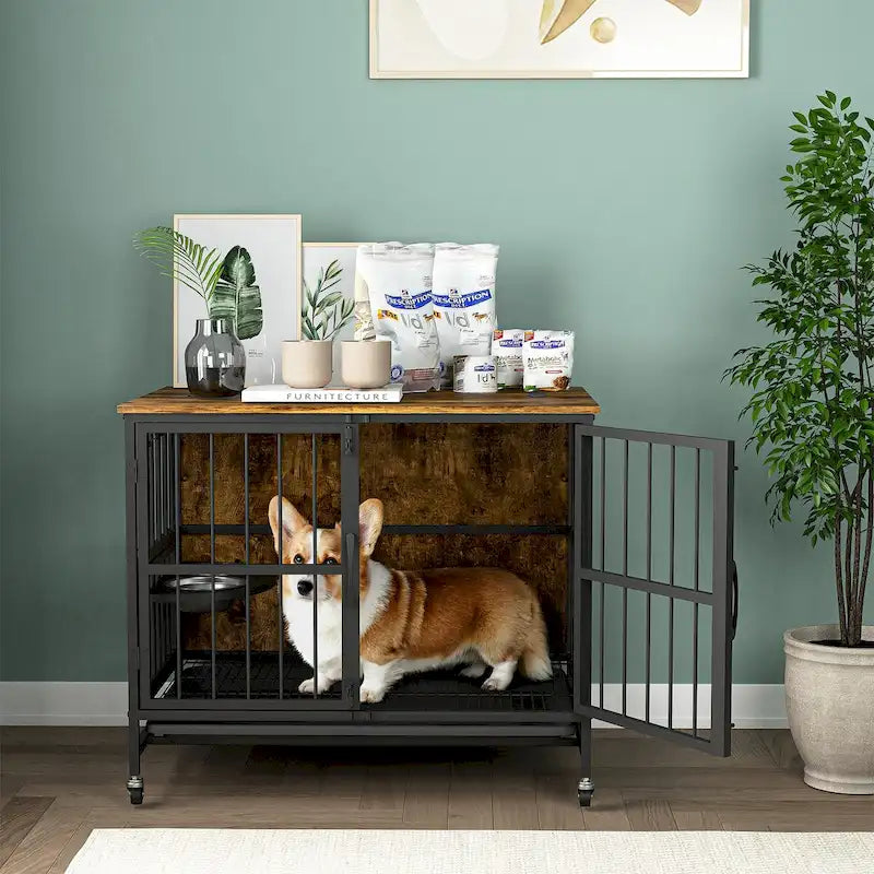 Dog crate furniture with Rremovable Ttray, Double-Door House, lift Panel, 360 Degree Rotation 3 Height Adjustable Feeding Bowls