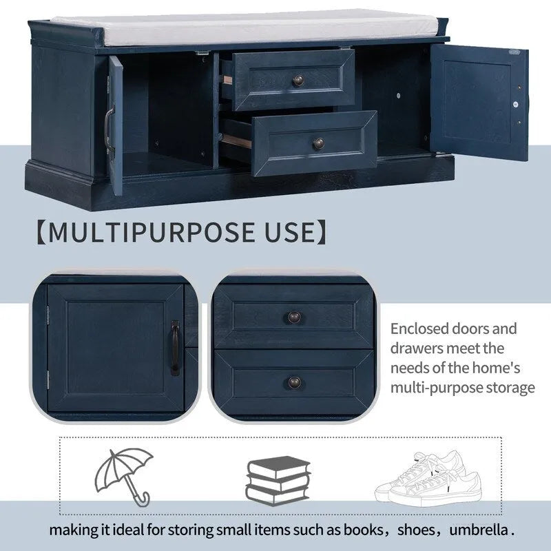 Shoe Bench Storage Bench with 2 Drawers,2 Cabinets,Removable Cushion