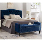 Upholstered Tufted Button Storage Bench with nails trim,Entryway Living Room Soft Padded Seat with Armrest,Bed Bench -Navy