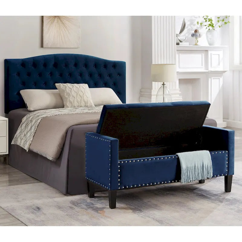 Upholstered Tufted Button Storage Bench with nails trim,Entryway Living Room Soft Padded Seat with Armrest,Bed Bench -Navy