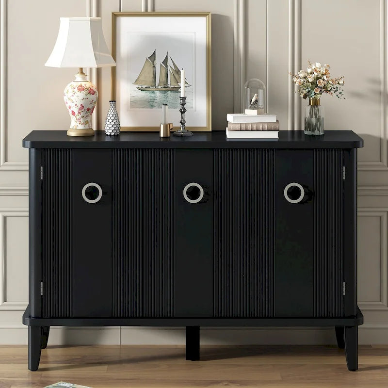 Simple and Atmospheric Solid Wood Veneer Fraxinus Mandschuric Cabinet with Three Acacia Solid Doors,Adjustable